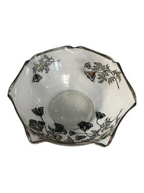 Vintage Silver Overlay Floral Glass Bowl Wavy Rim Decorative Console Bowl
